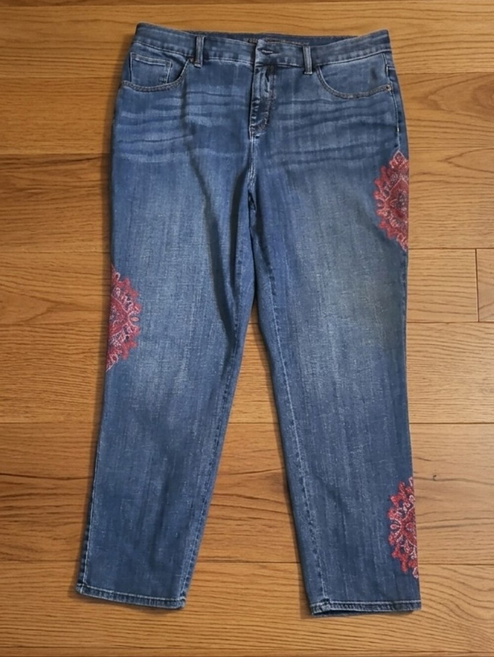 Chico's So Slimming Girlfriend Jeans Size 2 (US 12) Embroidered Boho Ankle - Picture 2 of 13